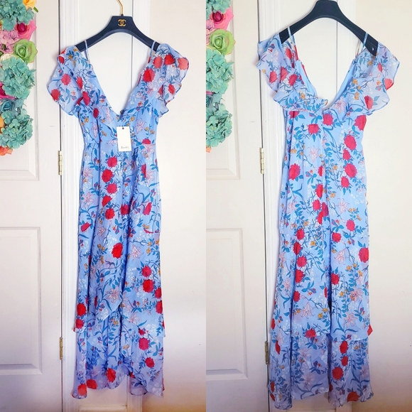 New BARDOT Chiffon Floral Print Maxi Dress XS Midi Slit Ruffle - Picture 11 of 13